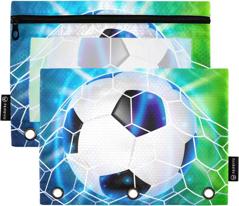 BOENLE Soccer Ball Football on Field Pencil Pouch for 3 Ring Binder, 2 Pack Waterproof Pencil Bags Clear Window Pencil Case Zipper School Office Supplies - Image 1
